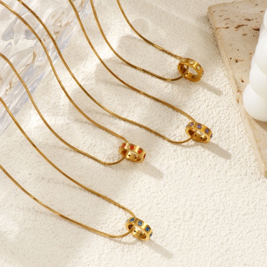 Immagine di 18K Vero Oro Placcato Catena a Serpentina Quadrata Anello Collana con Ciondolo, 304 Acciaio Inossidabile & Zircone Cubico 45cm + 5cm, Per Donne, Pietre Nascita Elegante Regalo, Placcatura Sottovuoto PVD Ecologica, 1 Pz