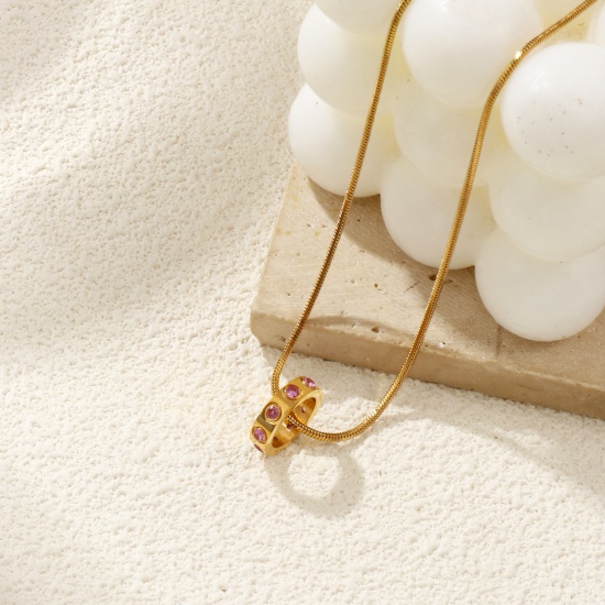 Immagine di 18K Vero Oro Placcato Catena a Serpentina Quadrata Anello Collana con Ciondolo, 304 Acciaio Inossidabile & Zircone Cubico 45cm + 5cm, Per Donne, Pietre Nascita Elegante Regalo, Placcatura Sottovuoto PVD Ecologica, 1 Pz