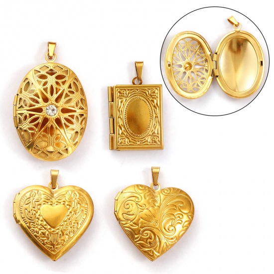 Immagine di 1 Piece Eco-friendly Vacuum Plating 304 Stainless Steel Picture Photo Locket Frame Pendants 18K Gold Plated Can Open
