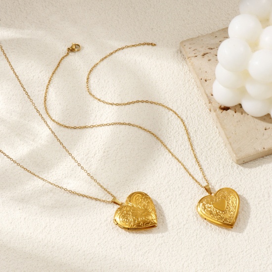 Bild von 18K Real Gold Plated Link Cable Chain Pendant Charm Necklace, 304 Stainless Steel 45cm(17.7") + 5cm(2"), For Women, Can Open, Picture Photo Frame Locket Retro Gift, Eco-friendly PVD Vacuum Plating, 1 Piece