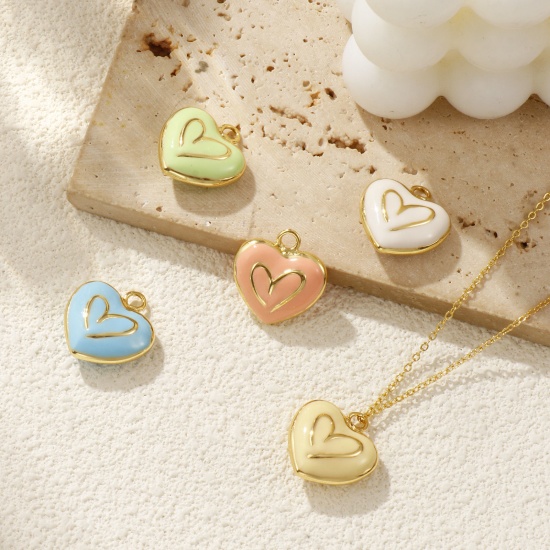 Immagine di 1 Pz Ecologico Ottone San Valentino Ciondoli 18K Vero Oro Placcato Smalto Cuore Smalto a Doppia Faccia 21mm x 20mm