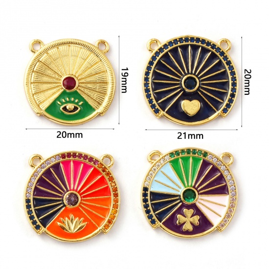 Bild von Umweltfreundlich Messing + Kubisch Zirkonia Steckverbinder Charms Anhänger 18K Echtgold plattiert Emaille Rund