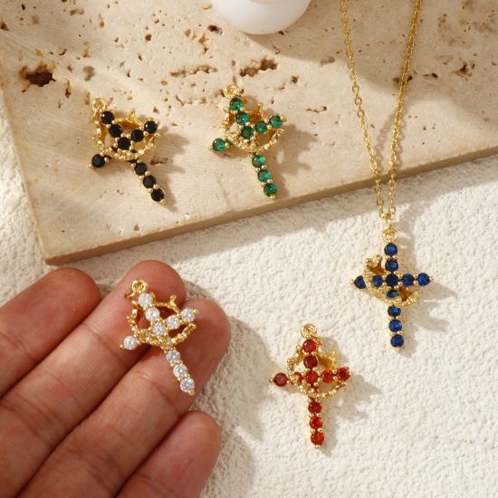 Immagine di 1 Pz Ecologico Ottone + Zircone Cubico Religione Ciondoli 18K Vero Oro Placcato Croce Corona Micro Spianare 29mm x 18mm