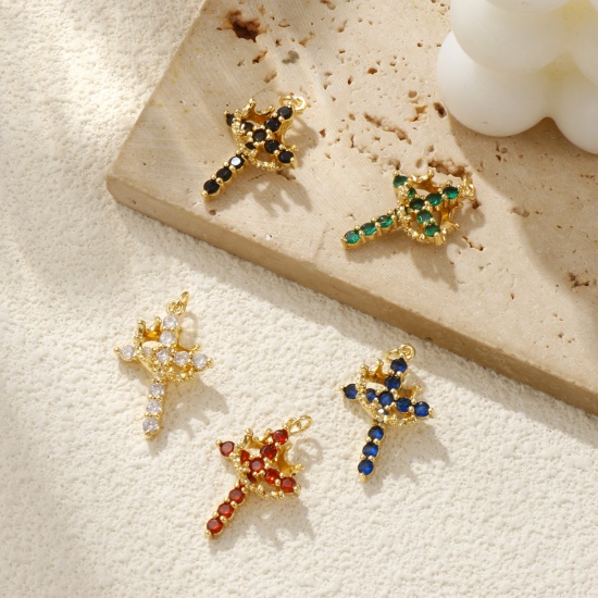 Immagine di 1 Pz Ecologico Ottone + Zircone Cubico Religione Ciondoli 18K Vero Oro Placcato Croce Corona Micro Spianare 29mm x 18mm