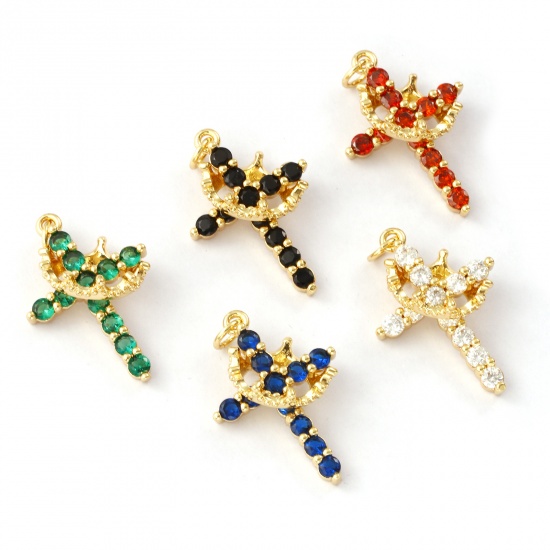 Immagine di 1 Pz Ecologico Ottone + Zircone Cubico Religione Ciondoli 18K Vero Oro Placcato Croce Corona Micro Spianare 29mm x 18mm
