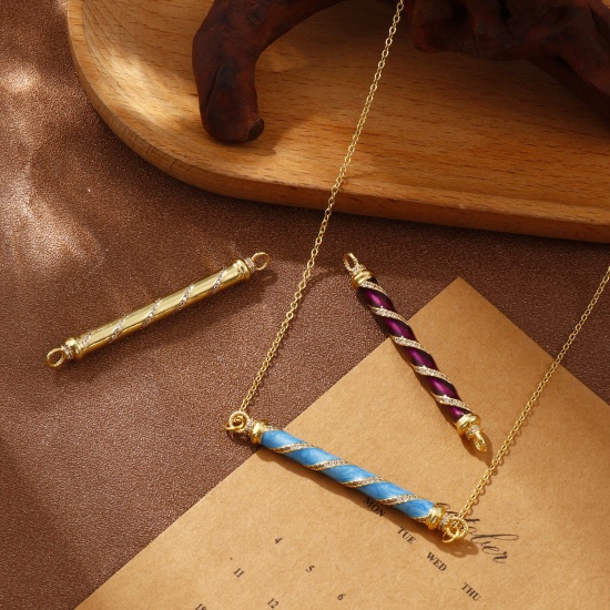 Immagine di 1 Pz Ecologico Ottone Pendenti Charms Connettori 18K Vero Oro Placcato Cilindrico Micro Spianare Trasparente Cubic Zirconiae 6cm x 0.6cm