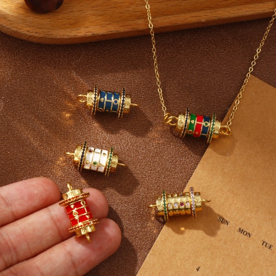 Immagine di 1 Pz Ecologico Ottone + Zircone Cubico San Valentino Pendenti Charms Connettori 18K Vero Oro Placcato Smalto Cilindrico Girevole 24mm x 12mm