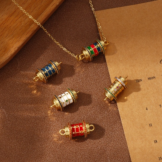 Immagine di 1 Pz Ecologico Ottone + Zircone Cubico San Valentino Pendenti Charms Connettori 18K Vero Oro Placcato Smalto Cilindrico Girevole 24mm x 12mm