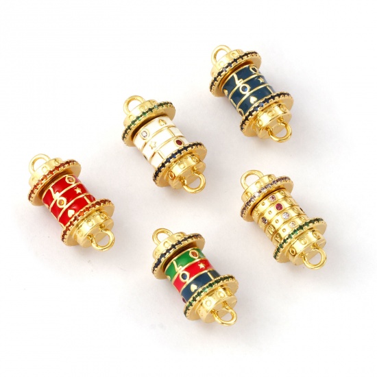 Immagine di 1 Pz Ecologico Ottone + Zircone Cubico San Valentino Pendenti Charms Connettori 18K Vero Oro Placcato Smalto Cilindrico Girevole 24mm x 12mm