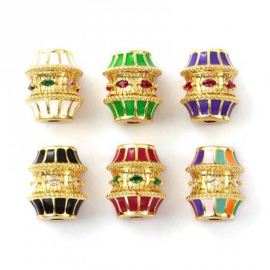 Immagine di 1 Pz Ecologico Ottone + Zircone Cubico Perline per la Creazione di Gioielli con Fai-da-te 18K Vero Oro Placcato Tamburo Smalto 19mm x 16mm, Buco: Circa 3mm