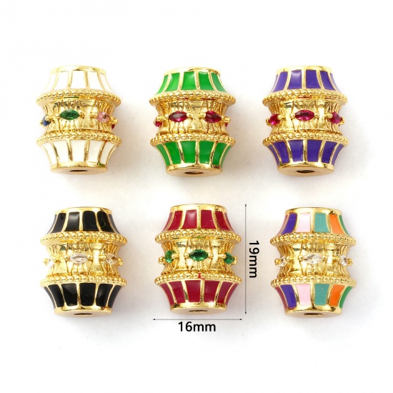 Immagine di 1 Pz Ecologico Ottone + Zircone Cubico Perline per la Creazione di Gioielli con Fai-da-te 18K Vero Oro Placcato Tamburo Smalto 19mm x 16mm, Buco: Circa 3mm