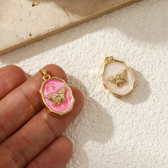 Picture of Eco-friendly Brass Picture Photo Locket Frame Pendants 18K Real Gold Plated Enamel Oval Butterfly Can Open Clear Cubic Zirconia 25mm x 15mm