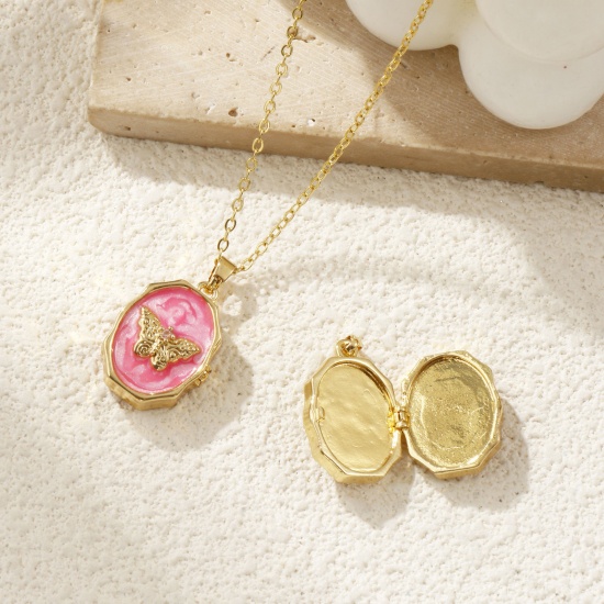 Picture of Eco-friendly Brass Picture Photo Locket Frame Pendants 18K Real Gold Plated Enamel Oval Butterfly Can Open Clear Cubic Zirconia 25mm x 15mm