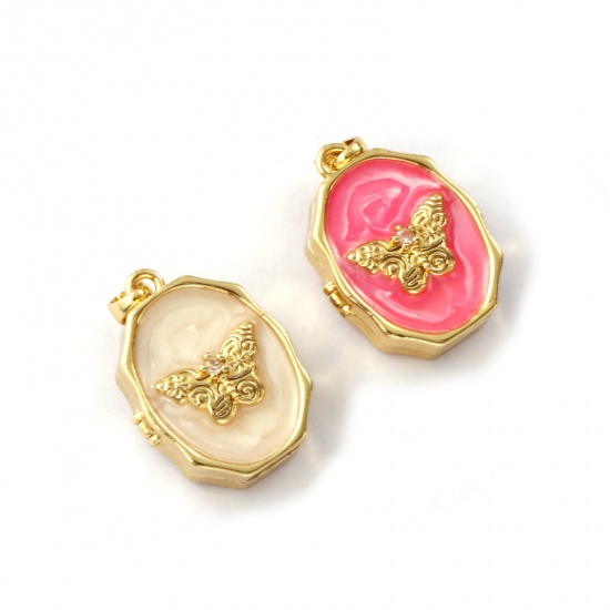 Picture of Eco-friendly Brass Picture Photo Locket Frame Pendants 18K Real Gold Plated Enamel Oval Butterfly Can Open Clear Cubic Zirconia 25mm x 15mm