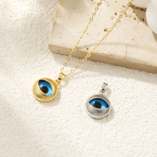 Image de 2 Pcs Pendentif Breloque Respectueux de la Nature en Laiton Plaqué Or Véritable Bleu Rond Yeux 20mm x 13mm