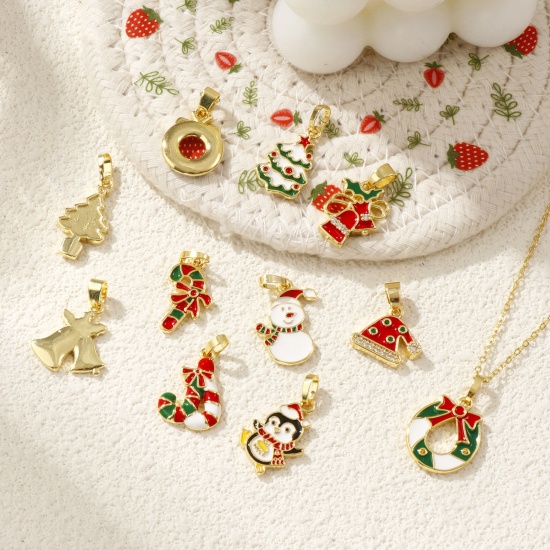Immagine di 2 Pz Ecologico Ottone Natale Ciondoli Pendenti 18K Vero Oro Placcato Smalto