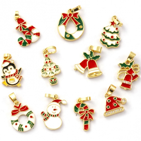 Immagine di 2 Pz Ecologico Ottone Natale Ciondoli Pendenti 18K Vero Oro Placcato Smalto
