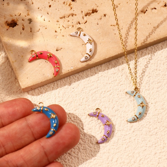 Immagine di 1 Pz Placcatura Sottovuoto PVD Ecologica 304 Acciaio Inossidabile Galassia Ciondoli 18K Vero Oro Placcato Smalto Luna Stella Micro Spianare Trasparente Cubic Zirconiae 20mm x 11.5mm
