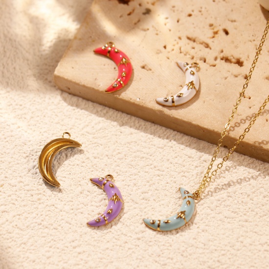 Immagine di 1 Pz Placcatura Sottovuoto PVD Ecologica 304 Acciaio Inossidabile Galassia Ciondoli 18K Vero Oro Placcato Smalto Luna Stella Micro Spianare Trasparente Cubic Zirconiae 20mm x 11.5mm