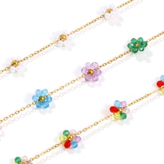 Bild von 18K Echtgold plattiert Kreuz Gliederketten Blumen Perlenkette, 304 Edelstahl 40cm + 5cm, Für Frauen, Bunt Süß Exquisit Geschenk, Umweltfreundliche PVD-Vakuumbeschichtung