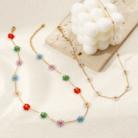 Bild von 18K Echtgold plattiert Kreuz Gliederketten Blumen Perlenkette, 304 Edelstahl 40cm + 5cm, Für Frauen, Bunt Süß Exquisit Geschenk, Umweltfreundliche PVD-Vakuumbeschichtung