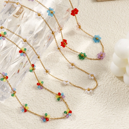 Bild von 18K Echtgold plattiert Kreuz Gliederketten Blumen Perlenkette, 304 Edelstahl 40cm + 5cm, Für Frauen, Bunt Süß Exquisit Geschenk, Umweltfreundliche PVD-Vakuumbeschichtung
