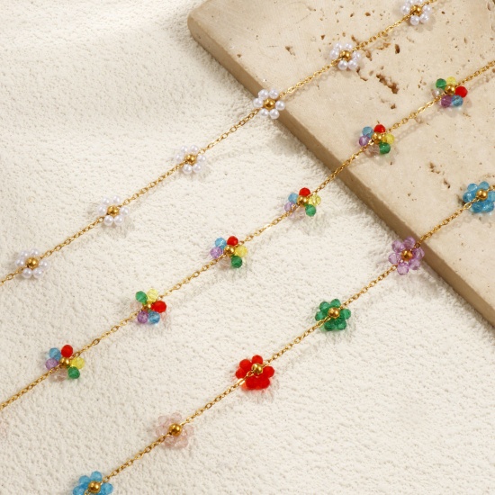 Bild von 18K Echtgold plattiert Kreuz Gliederketten Blumen Perlenkette, 304 Edelstahl 40cm + 5cm, Für Frauen, Bunt Süß Exquisit Geschenk, Umweltfreundliche PVD-Vakuumbeschichtung