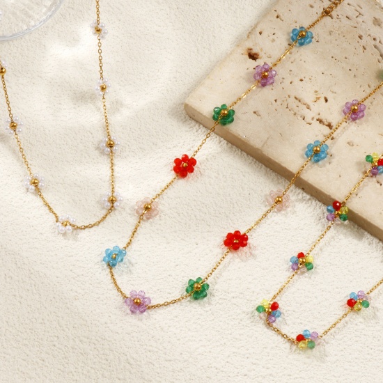 Bild von 18K Echtgold plattiert Kreuz Gliederketten Blumen Perlenkette, 304 Edelstahl 40cm + 5cm, Für Frauen, Bunt Süß Exquisit Geschenk, Umweltfreundliche PVD-Vakuumbeschichtung