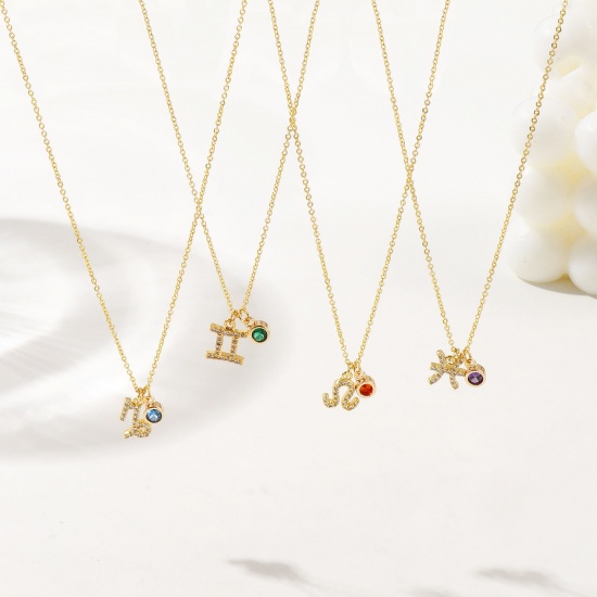 Bild von 18K Echtgold plattiert Kreuz Gliederketten Sternbild Anhänger Halskette, Messing 45cm + 5cm, Für Frauen, Bunt Zirkonia Micro Pave, Monatsstein Exquisit Geschenk, Umweltfreundlich