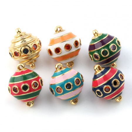 Eco-friendly Brass & Cubic Zirconia Connectors Charms Pendants 18K Real Gold Plated Enamel Ball Stripe 26mm x 20mm