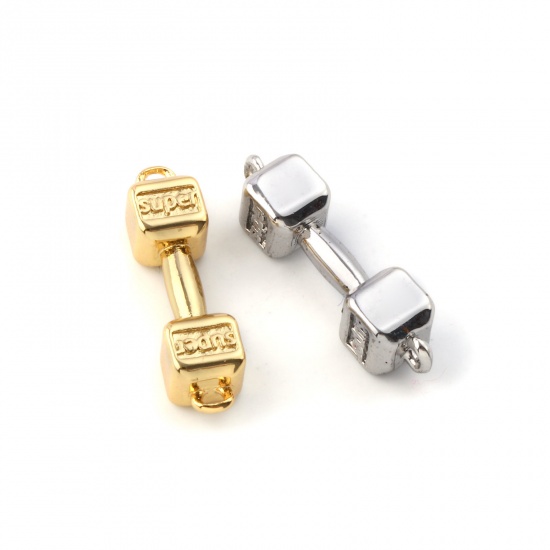 Immagine di 2 Pz Ecologico Ottone Sport Pendenti Charms Connettori Vero Oro Placcato Dumbbell Lettere " Super " 3D 19.5mm x 5mm