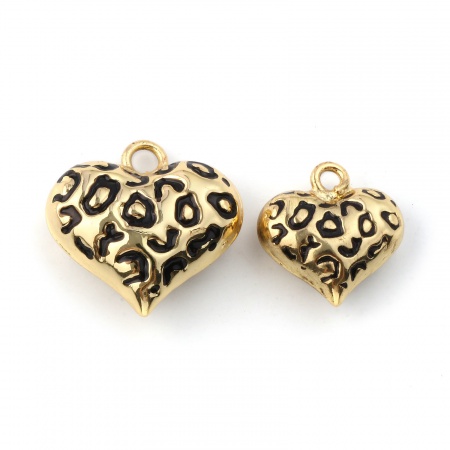 Eco-friendly Brass Valentine's Day Charms 18K Real Gold Plated Black Enamel Heart Leopard Print 3D