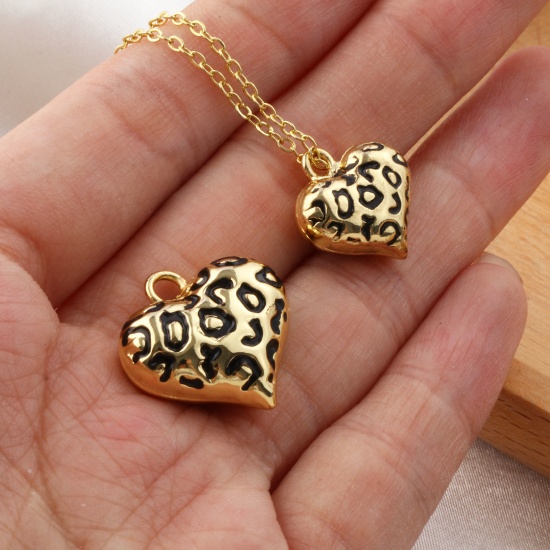 Picture of Eco-friendly Brass Valentine's Day Charms 18K Real Gold Plated Black Enamel Heart Leopard Print 3D