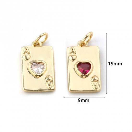 Immagine di 2 Pz Ecologico Ottone + Zircone Cubico Poker / Carta / Carta da Gioco Ciondoli 18K Vero Oro Placcato Poker Cuore 19mm x 9mm