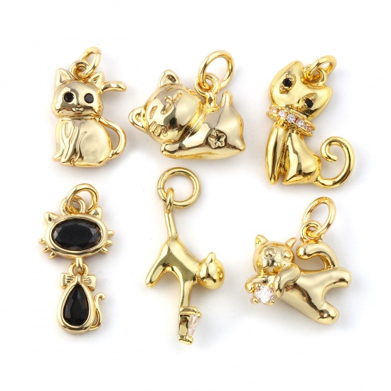 Immagine di 2 Pz Ecologico Ottone + Zircone Cubico Ciondoli 18K Vero Oro Placcato Gatto