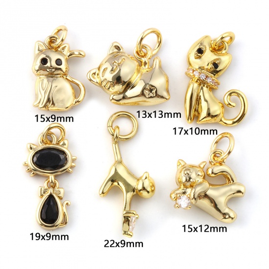 Immagine di 2 Pz Ecologico Ottone + Zircone Cubico Ciondoli 18K Vero Oro Placcato Gatto