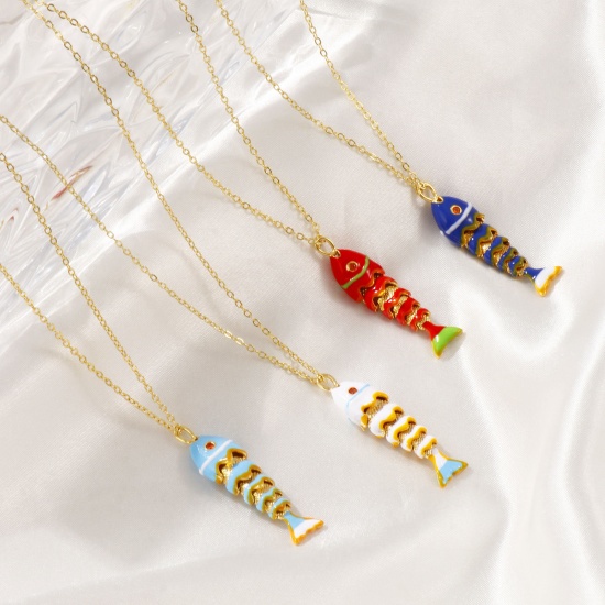 Imagen de 18K Oro Real Chapado Cadena de Cable Cruz Pez Collar con Colgante, Latón (sin cadmio)+ Circón Artificial 46cm + 6cm, Para Mujeres, Esmalte 3D Movible, Elegante Joyería del océano Regalo, Respetuoso del Medio Ambiente, 1 Unidad
