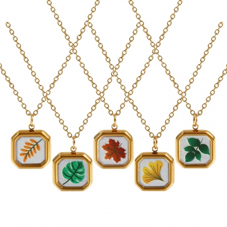 Collier à Breloques Octogone Plaqué Or Véritable 18K en 304 Acier Inoxydable Pour Femmes, Chaîne Maille Forçat 45cm + 5cm, Feuilles Imprimé, Exquis Pastorale Naturelle Cadeau, Revêtement sous Vide PVD Respectueux de l'Environnement, 1 Pièce