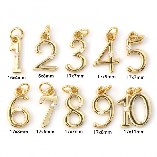 Immagine di 5 Pz Ecologico Ottone Ciondoli 18K Vero Oro Placcato Numero Trasparente Cubic Zirconiae