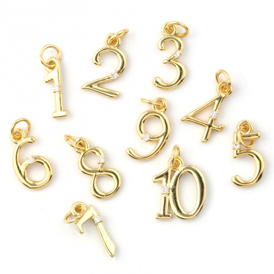Immagine di 5 Pz Ecologico Ottone Ciondoli 18K Vero Oro Placcato Numero Trasparente Cubic Zirconiae