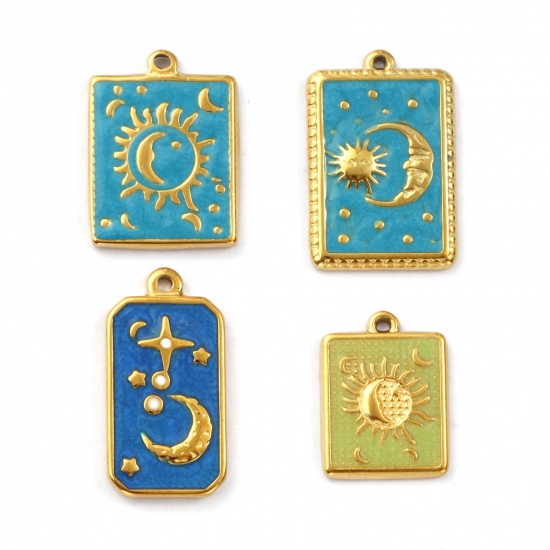 Immagine di 1 Pz Placcatura Sottovuoto PVD Ecologica 304 Acciaio Inossidabile Galassia Ciondoli Placcato Oro 18K Smalto Geometrica Sole & Luna