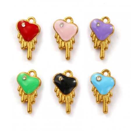 Immagine di 1 Pz Placcatura Sottovuoto PVD Ecologica 304 Acciaio Inossidabile San Valentino Ciondoli Placcato Oro 18K Cuore Smalto a Doppia Faccia Trasparente Cubic Zirconiae 14mm x 8mm
