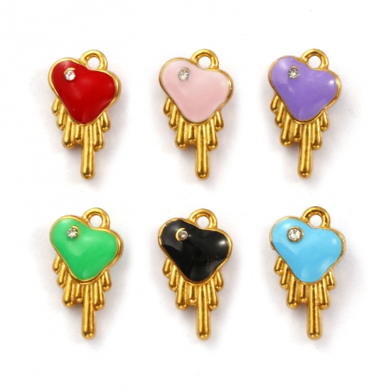 Immagine di 1 Pz Placcatura Sottovuoto PVD Ecologica 304 Acciaio Inossidabile San Valentino Ciondoli Placcato Oro 18K Cuore Smalto a Doppia Faccia Trasparente Cubic Zirconiae 14mm x 8mm