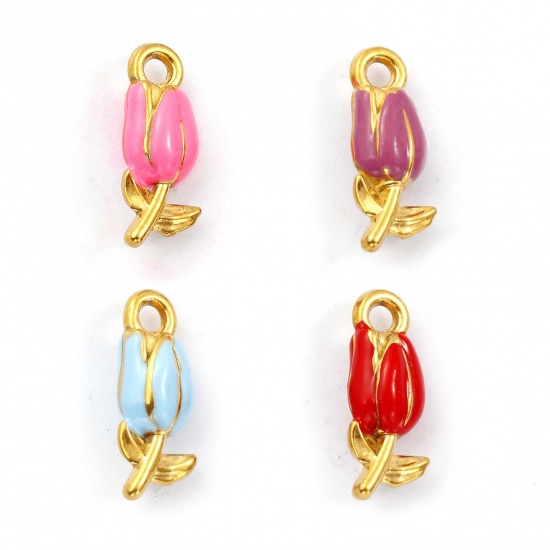 Immagine di 1 Pz Placcatura Sottovuoto PVD Ecologica 304 Acciaio Inossidabile Ciondoli Placcato Oro 18K Smalto Fiore del Tulipano 3D 20mm x 8mm