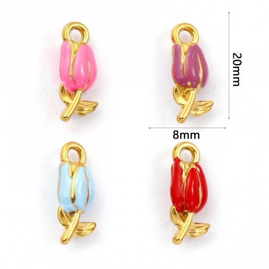 Immagine di 1 Pz Placcatura Sottovuoto PVD Ecologica 304 Acciaio Inossidabile Ciondoli Placcato Oro 18K Smalto Fiore del Tulipano 3D 20mm x 8mm