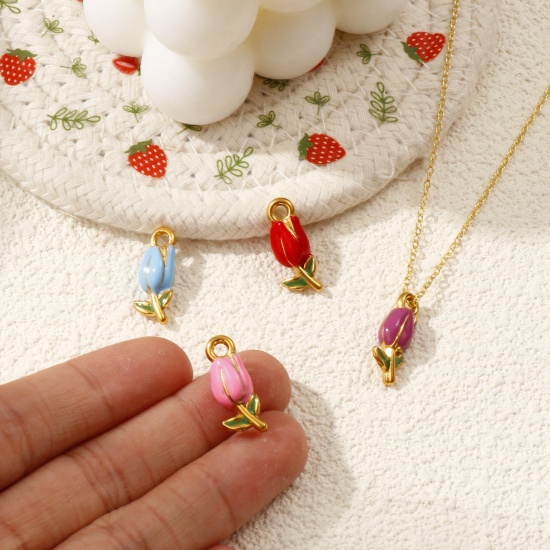 Immagine di 1 Pz Placcatura Sottovuoto PVD Ecologica 304 Acciaio Inossidabile Ciondoli Placcato Oro 18K Smalto Fiore del Tulipano 3D 20mm x 8mm