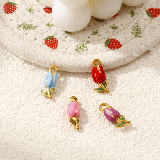 Immagine di 1 Pz Placcatura Sottovuoto PVD Ecologica 304 Acciaio Inossidabile Ciondoli Placcato Oro 18K Smalto Fiore del Tulipano 3D 20mm x 8mm