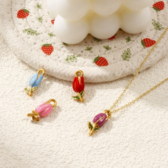 Immagine di 1 Pz Placcatura Sottovuoto PVD Ecologica 304 Acciaio Inossidabile Ciondoli Placcato Oro 18K Smalto Fiore del Tulipano 3D 20mm x 8mm