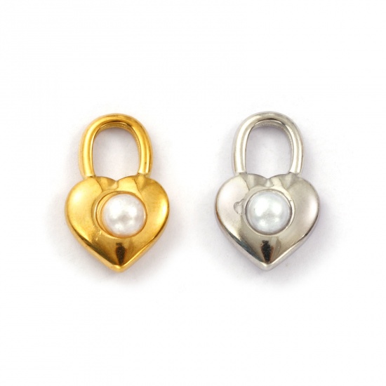 Immagine di 2 Pz Placcatura Sottovuoto PVD Ecologica 304 Acciaio Inossidabile San Valentino Ciondoli Multicolore Cuore Serratura Perla Imitato Acrilico 19mm x 12mm
