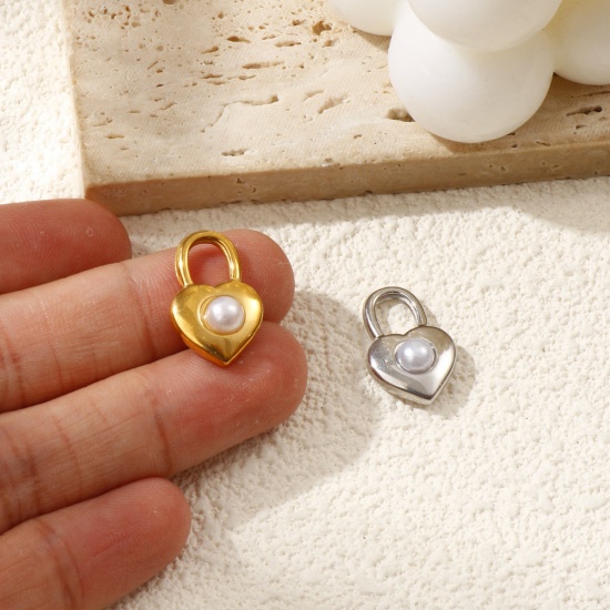 Immagine di 2 Pz Placcatura Sottovuoto PVD Ecologica 304 Acciaio Inossidabile San Valentino Ciondoli Multicolore Cuore Serratura Perla Imitato Acrilico 19mm x 12mm